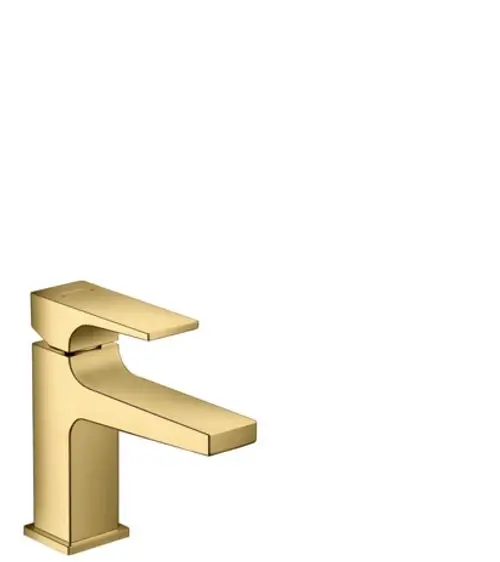 Hansgrohe Waschtischmischer in glänzendem Gold-Finish, mit flachem Hebelgriff und breiter Auslaufkante, geeignet für Handwaschbecken.